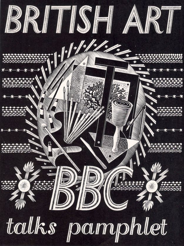 Pamphlet cover. White text and images set against a black background. An oval at the centre encloses art-making and designing tools. Across the top of the pamphlet, text reads, 'British Art' in all caps. Below the oval is 'BBC' in all caps followed by 'talks pamphlet' in lowercase.