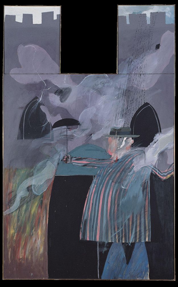 Painting. A person wearing a coat vertically striped with pink and two shades of blue wears a hat that says 'Idiot' in all caps on the crown. They hold a miniature black umbrella in one hand. Black lines suggest rain falling only on the person’s hat. The background is areas of flat colour.