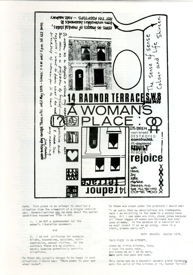 Poster. Typographic and handwritten text surround two buildings. At the top is a grainy, black and white photograph of a two-storey building and a mirror image below is hand drawn. The title at the centre reads, in all caps, '14 Radnor Terrace A Woman’s Place'. Two columns of typed text, like a script appears below, signed 'Kate Walker. Easter 1974'.