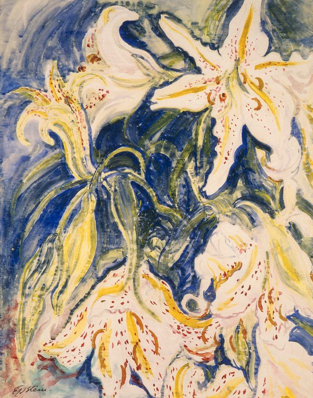Painting. Several starburst-like white lilies are painted expressionistically against a cobalt-blue background. The lilies are veined with golden yellow, and dots of ochre-orange indicate speckles and the stamens. The work is signed in the lower left corner, 'Epstein'.