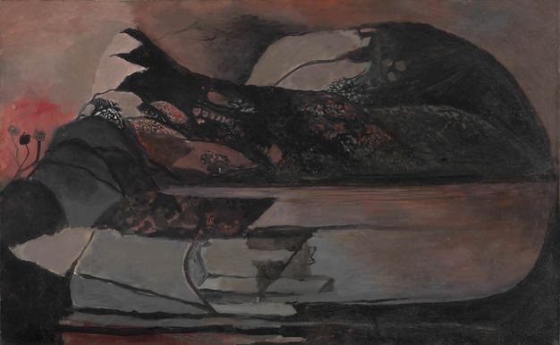 Painting. Black and smoke-grey mountains hulk against a slate-grey and garnet-red sky. One peak to our left is sharp, like an incisor, and the peak to our right is rounded. Where the peaks seem to reflect below, the forms are smudged grey.