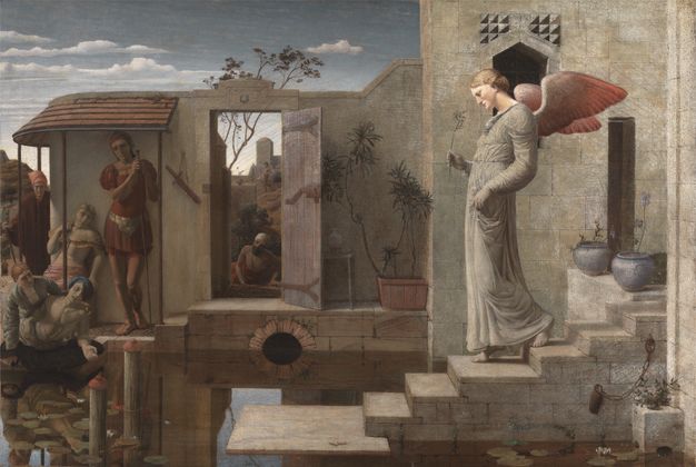 Painting. A pale-skinned, winged angel steps down a short flight of shallow steps towards a reflective pool. Six people with light or tanned skin stand or lie around the pool, framed by a doorway and portico in the building across from us.
