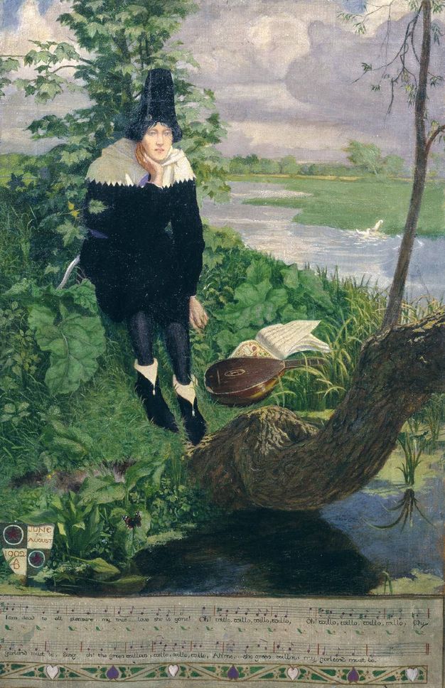 Painting. A pale-skinned person sits, head in one hand, at a river’s edge. A lute and sheet music lie nearby, among the lush grass and plants of the riverbank. Two lines of music and words of the 'Willow Song' are along the bottom edge of the canvas.