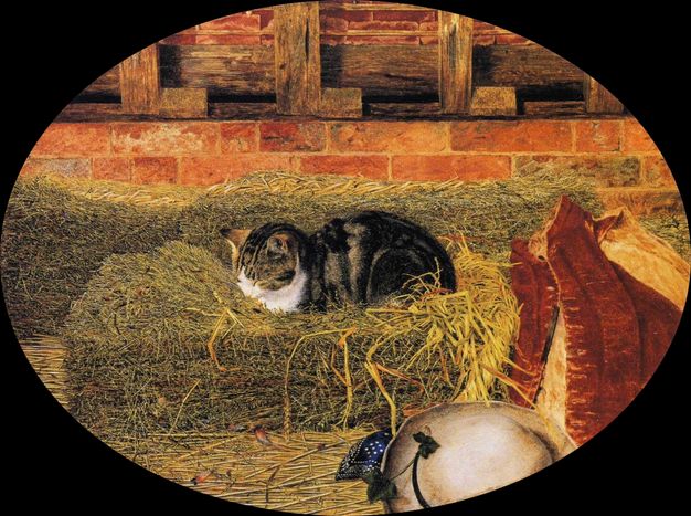 Painting. A tabby cat with a white face and neck sits like a loaf, eyes closed, on a bale of hay in this oval composition. Loose hay is on the ground below, and more hay bales are behind. The shallow space is enclosed by a brick wall framed with wood timbers. Propped up on the bale next to the cat or on the ground below are a narrow-brimmed hat, a blue bandana, and a rust-red vest.
