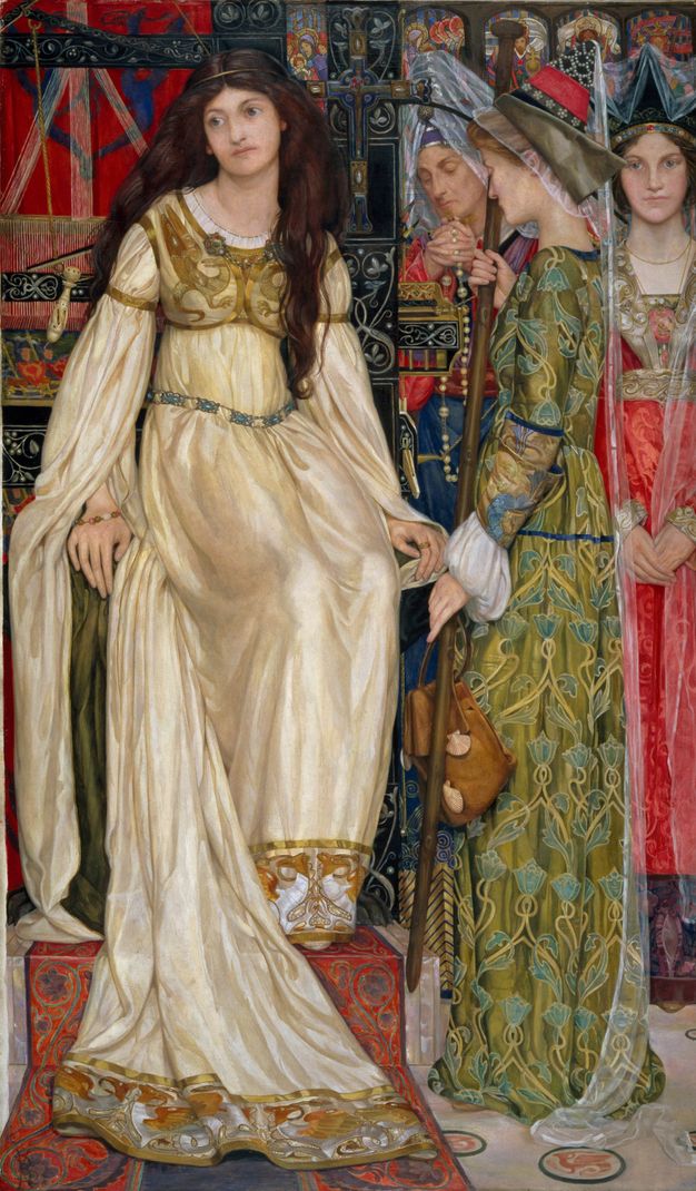 Painting. One woman in a long, flowing white gown sits on a throne and three others, all with pale skin and in gowns of red and green, stand closely gathered to our right. The throne and women fill the picture. The seated woman’s dark brown hair falls far past her shoulders, and the others wear headdresses and veils.