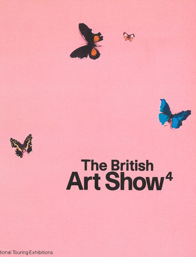 Cover of an exhibition catalogue. Four butterflies are against a rose-pink field. Along the lower left corner, text reads, 'National Touring Exhibitions'.