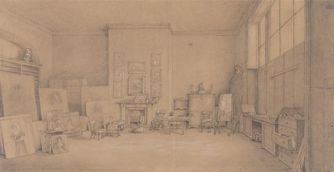 Drawing. Painted portraits stacked against the walls of a large room are drawn with grey lines and white highlights on beige paper. A mantlepiece holds a clock and figurines across from us. A child in a dress sits on the floor facing the fireplace. Windows line the top of the wall to our right.