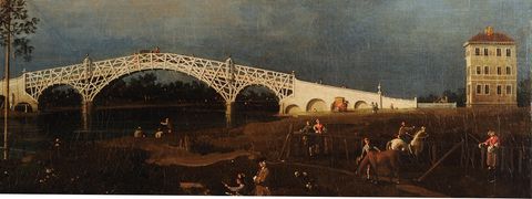 Painting. Detail view of a white bridge spanning a river. A three-storey, hipped-roofed house is on the riverbank to our right.