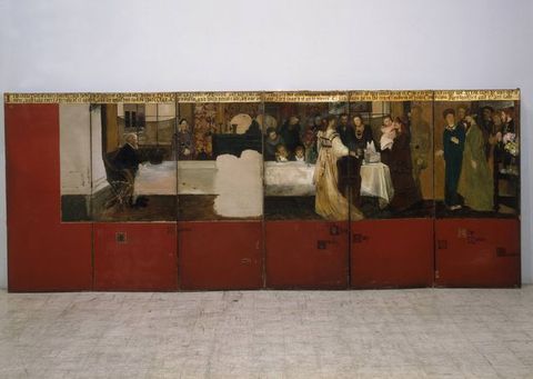 Painted screen. A banquet scene with about twenty pale-skinned women, men, and children spans six wooden panels. In the painting, a grey-haired man sits at the left end of a long table covered in a shiny white tablecloth. Others stand or sit at the table, mostly clustered around the other end. More enter the room from a doorway to our right. The women wear long gowns, and the men wear suits. The painting starts halfway through the first panel to our left, and covers the top two thirds of the panels, which otherwise have a rich brick red background colour.