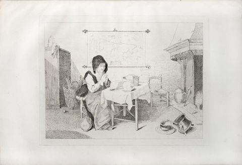 Print. A woman wearing a long dress and black hood-like head covering sits at a table with her hands together in prayer. Bread, a bowl, cup, and knife lie on the white tablecloth. A map hangs behind her, and a fire burns in a hearth, to our right.