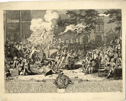 Print. Dozens or maybe hundreds of men and woman gather in groups in a town square-like space. Some centre around a nude woman floating above the crowd.