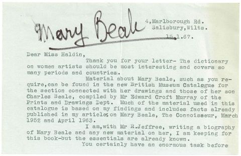 Typewritten letter. An author's response with information about where to find material about Mary Beale. The name “Mary Beale” has been handwritten across the top using a felt tip marker.