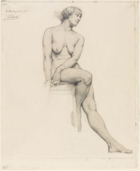 Drawing. A nude woman sits on a stool with one foot on the floor and the other propped on the rung. Her hands are gathered by her right hip, to our left. Her head tips to our right, and she smiles.