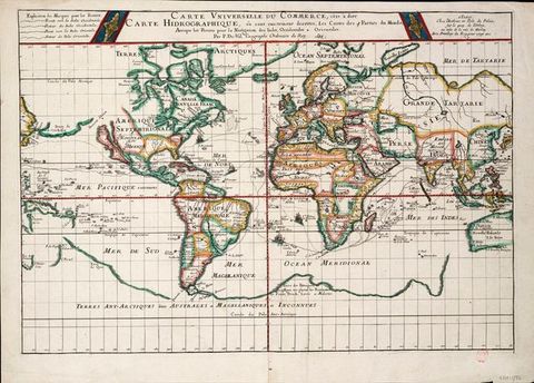 Map. This world map shows the continents, seas, and oceans, outlined in red, green, or yellow and labelled in French.