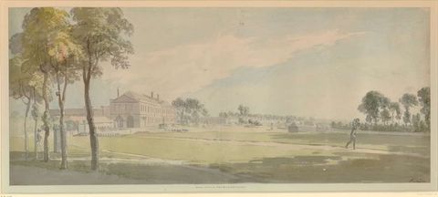 Watercolour. Panoramic view of a vast green lawn spread in front of a row of buildings to our left. In the middle distance, a soldier in a blue coat and black hat is to our left, and a worker carries a load on their head to our right.