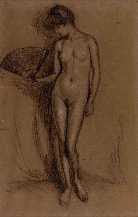 Drawing. A woman’s nude body and the open fan she holds is created with black and white chalk on brown paper. Her dark hair is swept up and she looks down at the fan held up in in one hand. Her other hand rests by her side.