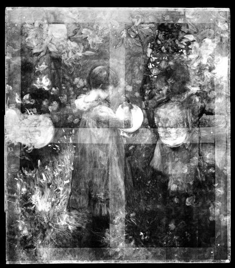 X-radiograph. Black and white image of a painting showing two girls lighting paper lanterns in a garden. Some areas are especially blurry where the artist covered one object, like a flower, with another. The form of the stretcher is also visible.
