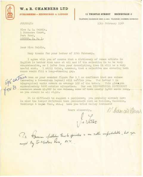 Typewritten letter. A publisher's response to a proposal, essentially saying the publisher is already overcommitted. A few handwritten notes in pencil and pen are added in the margins.