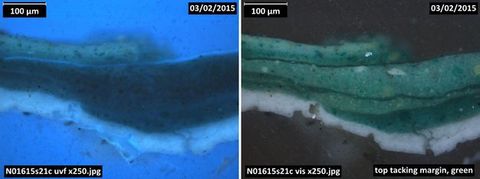 Two photographs. Microscopic cross sections of paint are shown in colour. The image on our left shows layers of blue, the brightest along the top and bottom. The right is of the same sample but in green tones. Each image has the same labels in the upper corners, reading, “100 µm” and “03/02/2015”, and in the lower left, “N01615s21c uvf x250.jpeg”. The right-hand picture also has text reading, “top tacking margin, green”.