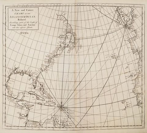 Map. Curving lines cross a grid representing latitude and longitude over elongated continental shores. The curving lines radiate from two central compass markers on the map; one to our top right, to the south west of Great Britain, and one to our bottom left, to the south east of the island of Puerto Rico.
