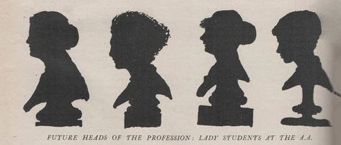 Illustration. In black silhouettes, the heads and chests of four women face our left in profile, each on a pedestal base. Text below reads, “Future Heads of the Profession: Lady Students at the A.A.”