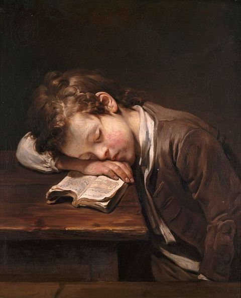 Painting. A pale-skinned young boy sleeps with his cheek on one hand, which rests on an open book on a wood table. He has brown hair and wears a brown jacket over a white shirt. The worn table is brown, and the background deepens from brown behind the boy to black across the top of the canvas.