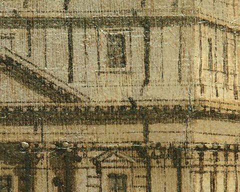Painting. Detail view of an off-white building. Fine black lines pick out architectural features.
