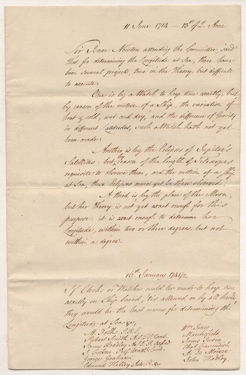 Handwritten document. In neat copperplate, the document is dated “11 June 1714”. The page of text begins, “Sir Isaac Newton attending the Committee, said that, for determining the longitude at sea, there have been several projects, true in the theory, but difficult to execute”.