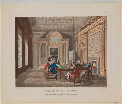 Illustration. Coloured aquatint shows eight pale-skinned men wearing their hair in grey and white queues sitting at a long, green felt-topped table as a ninth man reads from a paper. The room has panelling or moulding on every surface, and the ceiling is decorated with a geometric pattern.