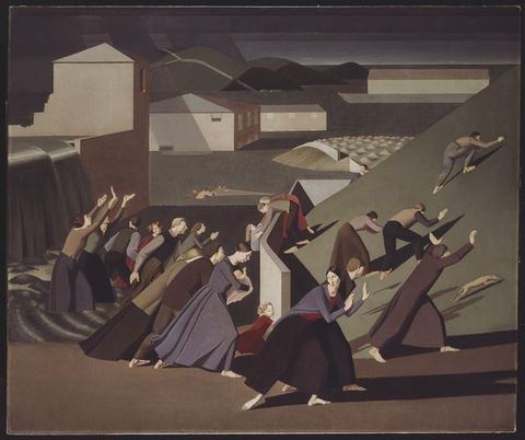 Painting. About twenty pale-skinned men, women, and children flee, their bodies angled sharply to our right, in an abstracted landscape with crisply rendered shadows. Dark water, looking more like charcoal-grey silk, tumbles over a ledge to our left and starts to swirl around some people’s feet.