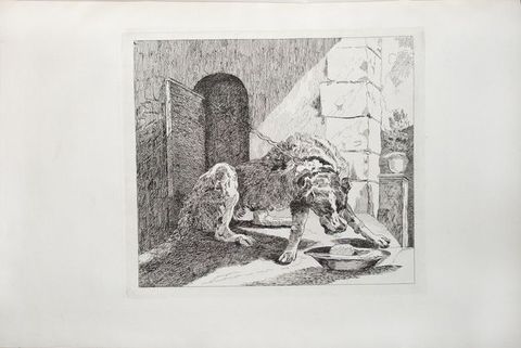 Print. A dog chained to a wall strains towards a bowl of food just out of reach. The dog’s lips pull back as it hunches, trying to reach the food. The stone wall behind the animal has a shadowed, arched doorway. A glimpse of landscape is visible along the right edge of the etching.