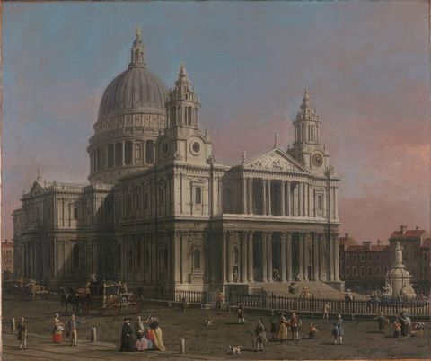 Painting. A cathedral nearly fills this square composition. Two towers rise on either side of a two-storied temple front. The buildings behind the church come less than halfway up its height, and the cathedral is outlined against a blue sky transitioning to dusty pink along the horizon.