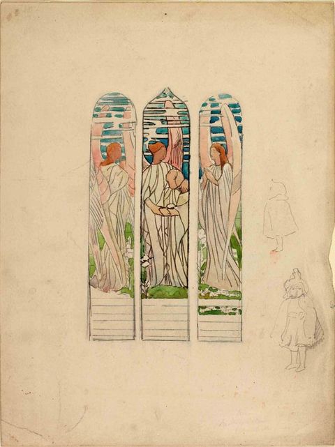 Watercolour. Design for three arched bays of a stained glass window shows winged angels against blue skies and green grass. The centre window shows an angel embracing a youth. The lines are drawn in pencil and filled in with saturated blue, green, brown, or shades of pink.