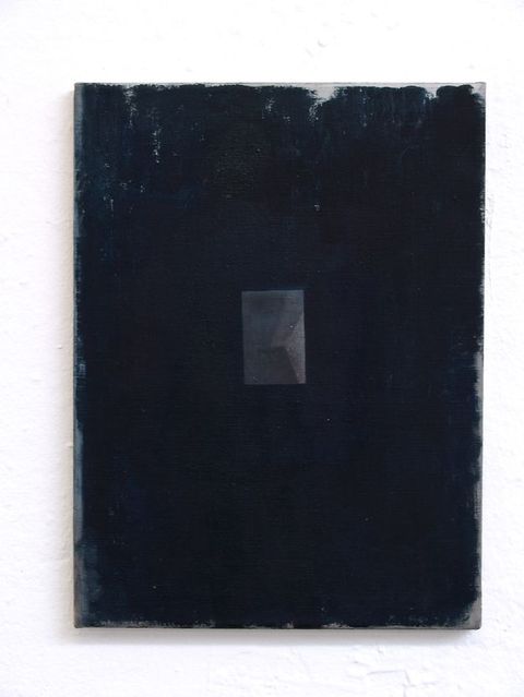 Painting. A rectangular piece of linen is painted midnight blue almost to the edges. A small square of slate blue is set like a jewel at the centre.
