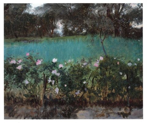 Painting. A bank of loosely painted pale pink roses against dusky-green leaves spans the lower edge of this composition. Teal-blue water beyond is painted with blended strokes, giving it a soft look. Dark trees line the far bank and nearly block out the pale sky in the upper third of this painting.