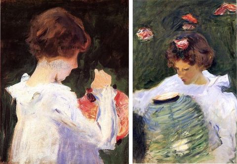Paintings. Each of two shows a brown-haired girl from the waist up. Both wear white ruffled dresses and light paper lanterns. The girl to our left faces away from us. The scenes and green backgrounds are loosely painted, and some details are indistinct.