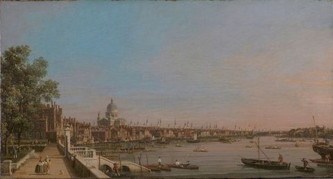 Painting. A sweeping view encompasses the Thames river and London’s prickly skyline on its north shore, which is made so by almost countless spires. The dome and drum of St Paul’s Cathedral rises high around the surrounding buildings. A walkway along the river comes towards us, along the left edge of the painting.