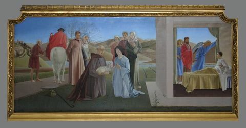 Painting. A wide painting is divided into three scenes, each showing a deed or miracle of Saint Martin. The colours are saturated, and the people wear long robes that fall in straight folds. The clear sky above is brilliant blue.