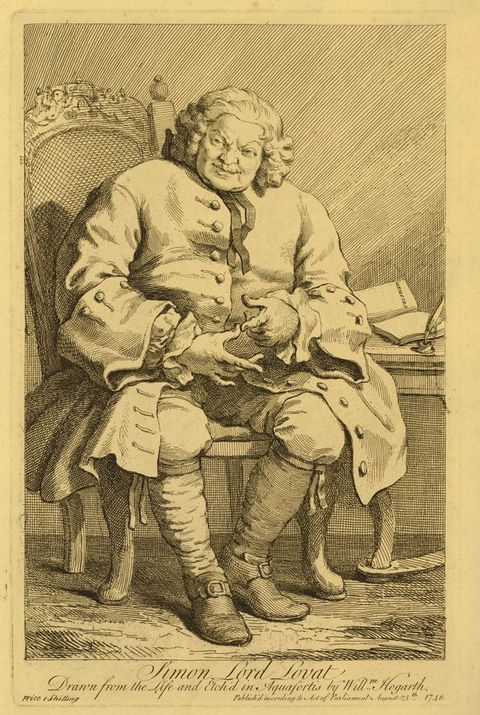 Print. A portly man sitting in a chair next to a writing table nearly fills this portrait. Hair curls around the man's wide, clean shaven face, and impish eyebrows are raised as he looks at us, smiling. He counts something off on his fingers. Text below begins, “Simon Lord Lovat”.