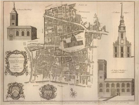Map. City streets and buildings around St Paul’s Cathedral in London are shown at the centre of this engraving. Three buildings are then illustrated around the edges. In an oval cartouche to our left, the title reads, “Baynards Castle Ward and Faringdon Ward within their Divisions into Parishes, according to a new Survey”.