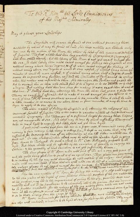 Handwritten letter. Addressed to “To the Right Honourable the Lords Commissioners of his Majesty’s Admiralty”, the letter begins, “May it please your Lordships”. Dense but legible brown ink writing in English fills the page.