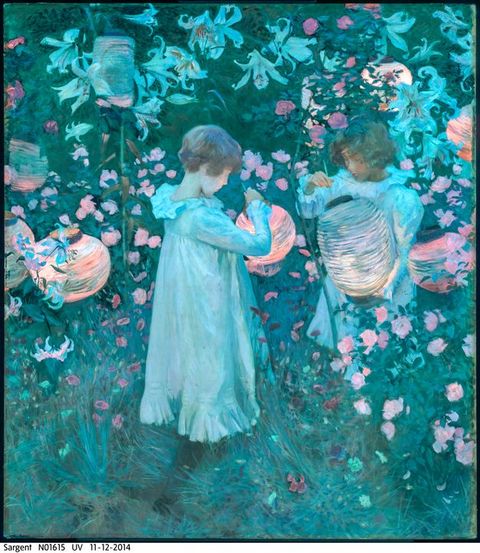 Colour photograph. The painting is of two girls lighting paper lanterns in a garden. The ultraviolet light turns the white dresses and flowers a pale turquoise blue. The edges of the canvas are a lightly lighter colour.