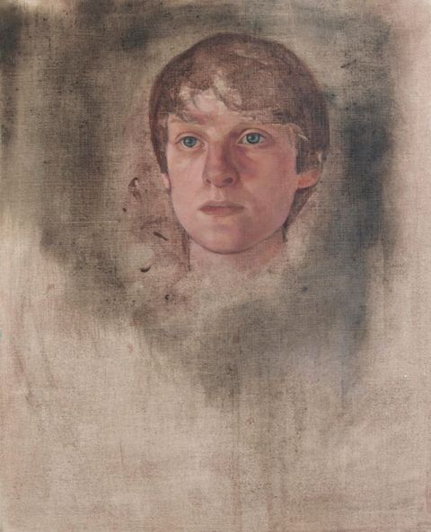 Painting. A pale face gazes steadily off to our left with blue eyes. Straight brown hair falls in bangs and is cut close to the head. A dark grey area around the head is thinly applied, as if rubbed into the linen.