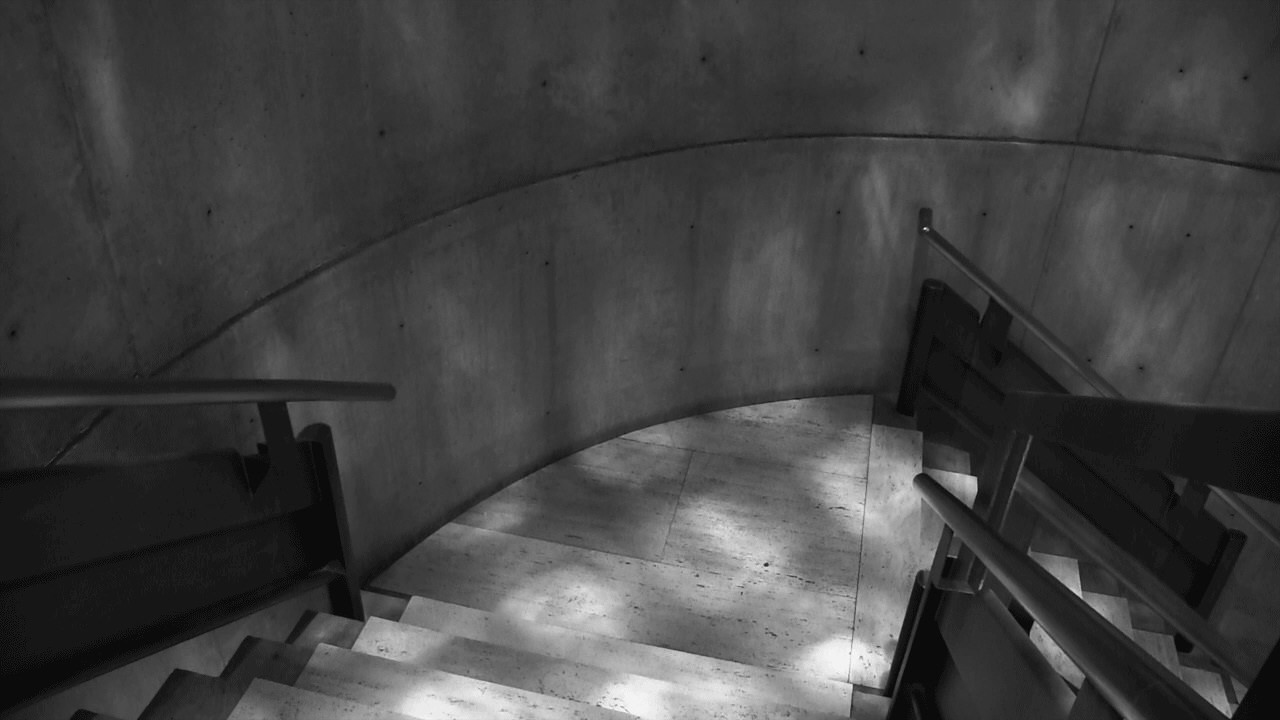 Black and white animation. A flight of stairs curves to our right as it descends. Dappled light falls onto the stone steps and darker grey wall.