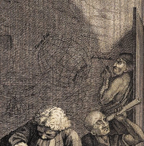 Engraving. Detail view of the back wall of a room, on which is drawn a globe with latitude and longitude lines. A man peers at the drawing, a piece of chalk in hand. He wears a cap and has a white beard. A cloth draped diagonally across his torso leaves one muscular arm and shoulder bare.