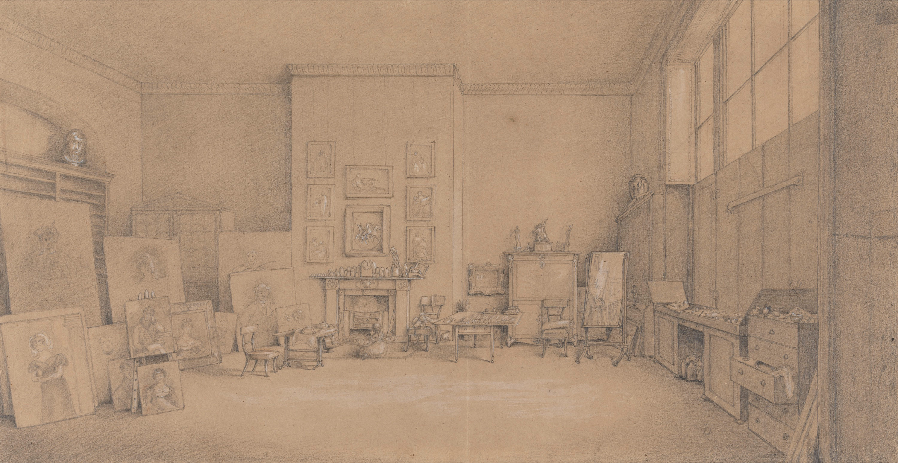 Drawing. Painted portraits stacked against the walls of a large room are drawn with grey lines and white highlights on beige paper. A mantlepiece holds a clock and figurines across from us. A child in a dress sits on the floor facing the fireplace. Windows line the top of the wall to our right.