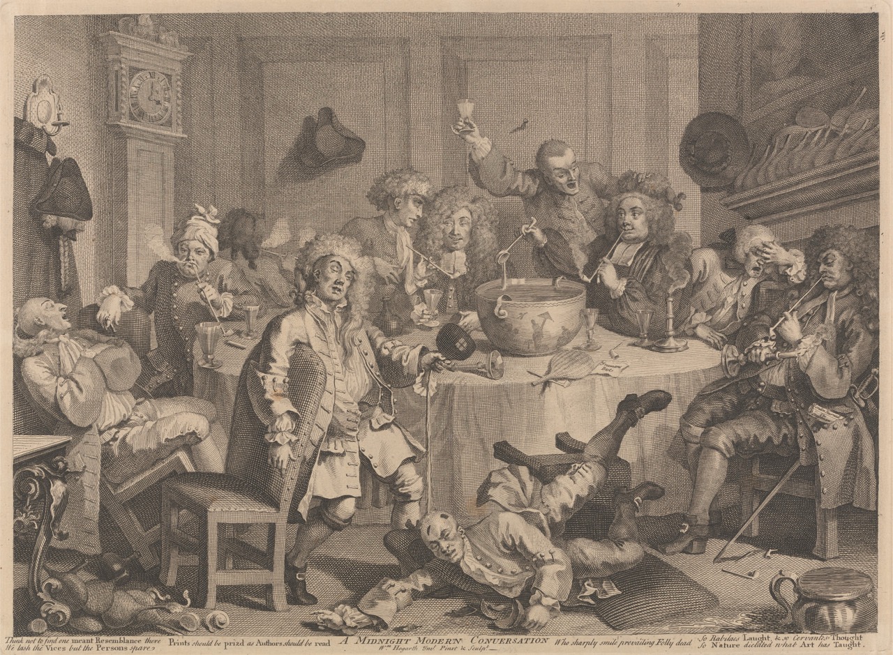 Print. Ten men sit or stagger around a round table set in front of a hearth while an eleventh, closest to us, falls out of his seat. Several smoke tobacco in long clay pipes. Glasses, candlesticks, and a punch bowl are on the table. Wigs are askew or missing, and one tricorn hat hanging on the wall has a wig attached to it.