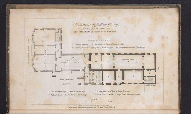 Floor plan. L-shaped floor plan with rooms that are labelled with letters and identified under a section titled “References”.