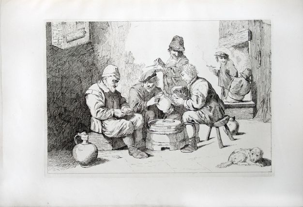 Print. Three men gather around a barrel top playing cards in a tavern. A fourth looks on as he packs his clay pipe with tobacco. Two more men, one smoking and one sitting, are near a fireplace in the background.