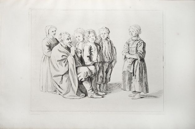 Print. Five children gather around a seated man playing a pipe. The two girls wear long-sleeved dresses with long skirts and head coverings. Three boys wear jackets over shin-length pants. Some of their clothing is tattered, and one girl to our right has bare feet. The figures are shaded in pale grey tones against a blank background.